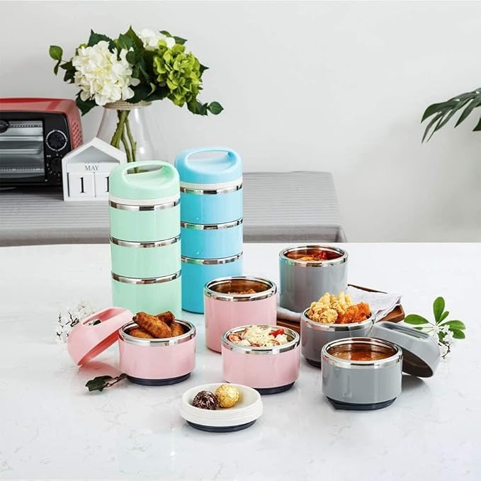 Lille Home Stackable Stainless Steel Thermal Compartment Lunch/Snack Box, 3-Tier Insulated Bento/Food Container with Lunch Bag, Utensils Set and Three Extra Seals, 43OZ (Blue)
