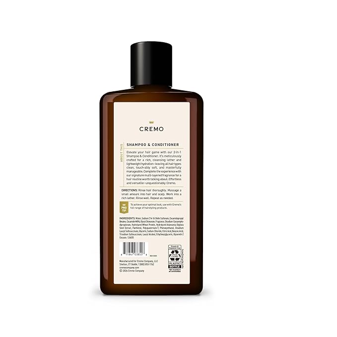 Cremo Italian Bergamot 2 in 1 Shampoo & Conditioner for Men, Notes of Italian Bergamot, Neroli Blossom, and Fresh Vetiver, 16 Fl Oz