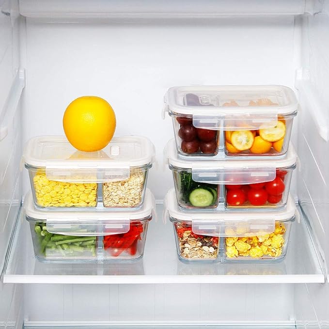 DAS TRUST 3 Pack Glass Food Storage Containers 2 Compartments Glass Meal Prep Containers with Lids Lunch Containers for Adult Food Prep Container with Dividers Reusable Lunch Bento Box