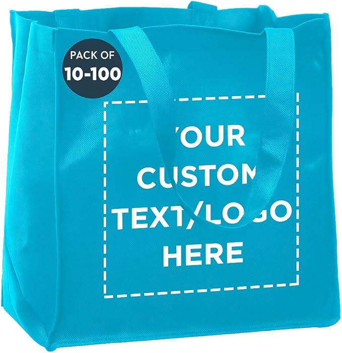 DISCOUNT PROMOS Custom Reusable Cloth Grocery Shopping Tote Bags Set of 10/50/100, Personalized Bulk Pack - Foldable, Washable, Shopper Bag - Sky Blue