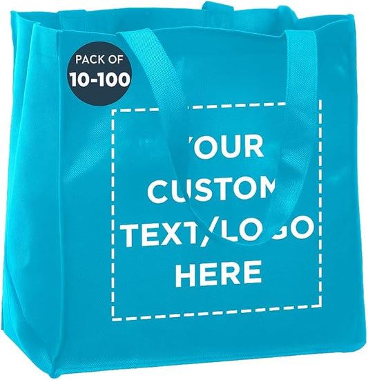 DISCOUNT PROMOS Custom Reusable Cloth Grocery Shopping Tote Bags Set of 10/50/100, Personalized Bulk Pack - Foldable, Washable, Shopper Bag - Sky Blue