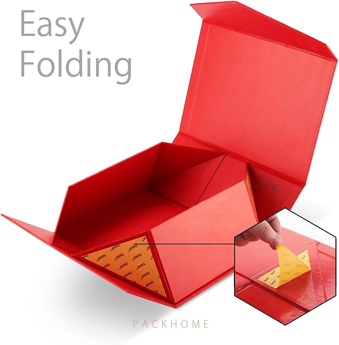 PACKHOME 6 Christmas Gift Boxes 9x6.5x3.8 Inches, Rectangle Collapsible Boxes with Magnetic Lids for Xmas Gift Packaging (Matte Red, Grain Texture)