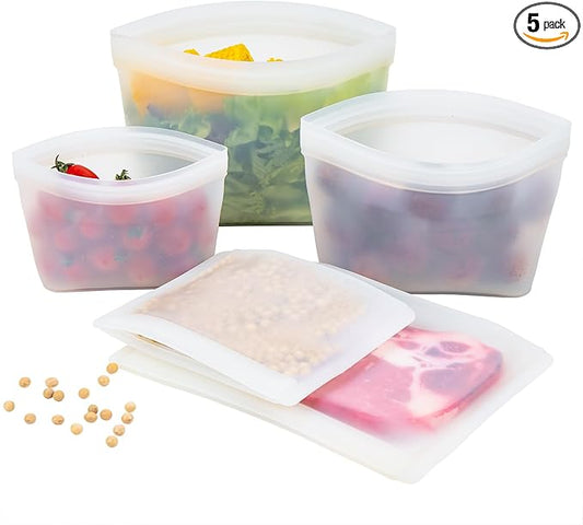 Silicone Bags for Food Storage, Reusable Zip Lock Bags Silicone Food Storage Containers, Freezer Microwave Oven Dishwasher Safe, Plastice BPA-Free 5 Pack (40oz 20oz 12oz 17oz 34oz)