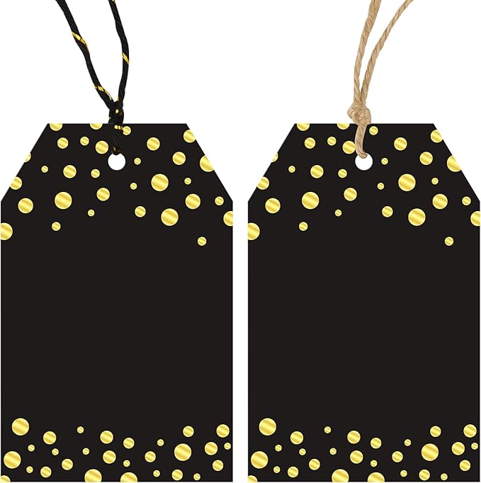 Anwyll Gift Tags with String - 100Pcs Gold Foil Metallic Confetti Polka Dot Gift Bag Tags Personalized Black Blank Hang Paper Label Tag for Birthday Party Bridal Shower Wedding Christmas Favor Present