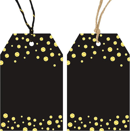 Anwyll Gift Tags with String - 100Pcs Gold Foil Metallic Confetti Polka Dot Gift Bag Tags Personalized Black Blank Hang Paper Label Tag for Birthday Party Bridal Shower Wedding Christmas Favor Present