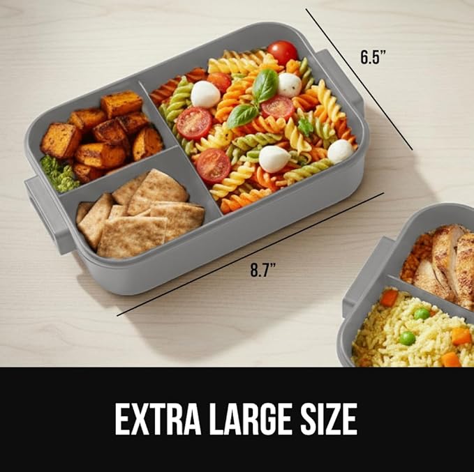 GORILLA GRIP BPA-Free Leakproof 5-Compartment Bento Lunch Box for Adults, Kids, Holds 10 Cups, Microwave Safe Hot and Cold Food Containers, Easy to Carry Lid Includes Built-In Utensils Set, Gray
