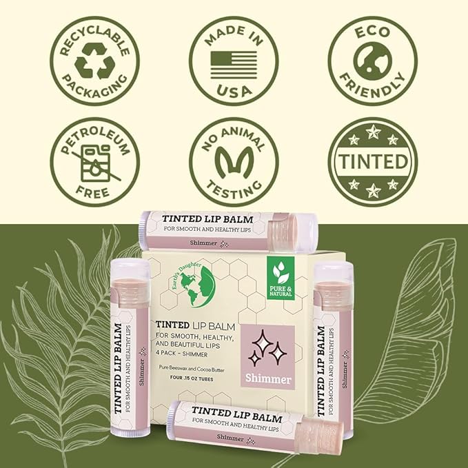 Earth's Daughter Tinted Lip Balm Shimmer Stocking Stuffers 4 Pack, Beeswax, Coconut Oil, Cocoa Butter, Vitamin E, Moisturize and Beautify, Paraben Free