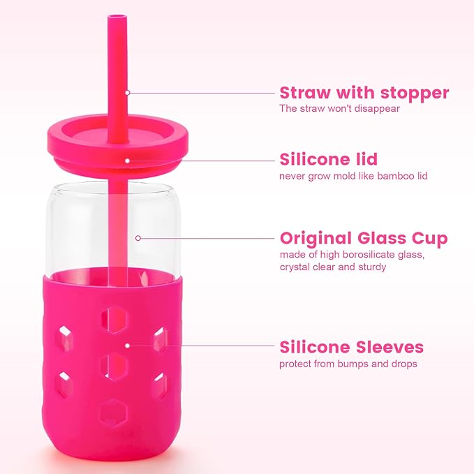 Glass Cups with Lids and Straws (4 Pcs), 16oz Drinking Glasses Set with Silicone Sleeves for Coffee Bar Accessories Iced Coffee Cups with Lids, Glass Tumbler Reusable for Gifts