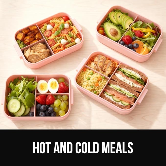 GORILLA GRIP BPA-Free Leakproof 3-Compartment Bento Lunch Box for Adults, Kids, Microwave Safe Hot and Cold Food Containers, Easy to Carry Lid Includes Built-In Utensils Set, Holds 5 Cups, Pink