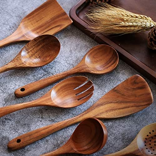 Wooden Non-Stick Kitchen Pan Toolset 7 Pieces Set, Natural Kitchen Utensils Spatula, Wooden Cooking Utensils Spoons, Fried Spatula and Salad Fork - Image 4