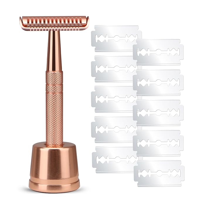 Double Edge Safety Razor with 10 Blades and Stand, Single Blade Razors for Men and Women, Long and Heavy Duty Stainless Steel Handle, Smooth Close Gentle Shave, Rose Gold