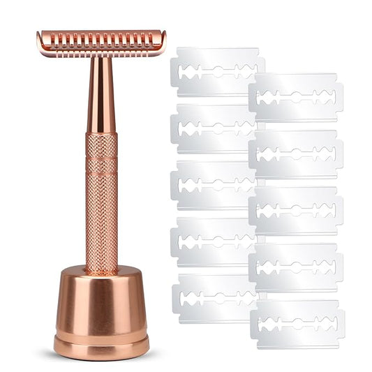 Double Edge Safety Razor with 10 Blades and Stand, Single Blade Razors for Men and Women, Long and Heavy Duty Stainless Steel Handle, Smooth Close Gentle Shave, Rose Gold