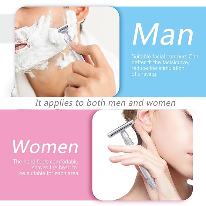 Men's and Women's Manual Razor Safety Razor with 10 Double Edge Blades, Double Edge Razor, Eco-Friendly, Smooth Close Shave, Plastic-Free, Easy to Carry for Traveling at Home (Silver + Base)