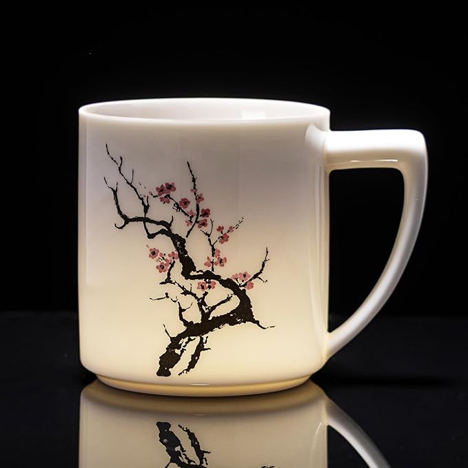 15oz Jadeite Ceramic Coffee Mug with Plum Blossom Design, 1340℃ High-Fire Teacup - Lead-Free, Microwave Safe, Unique Gift for Tea/Coffee Lovers & Friends