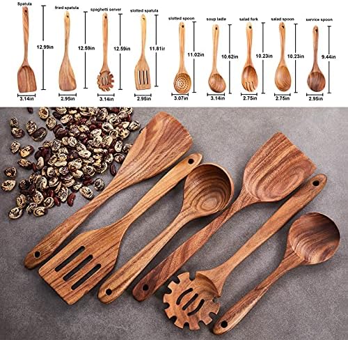 Wooden Kitchen Utensils Set,GUDAMAYE 9 PCE Natural Teak Wooden Spoons For Non-stick Pan for Cooking, - Image 3
