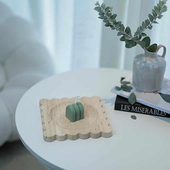 Natural Travertine Tray with Scalloped Edge, Vanity Decorative Tray for Countertop Organizer, Catchall Tray for Perfume, Candles, Jewelry Dish