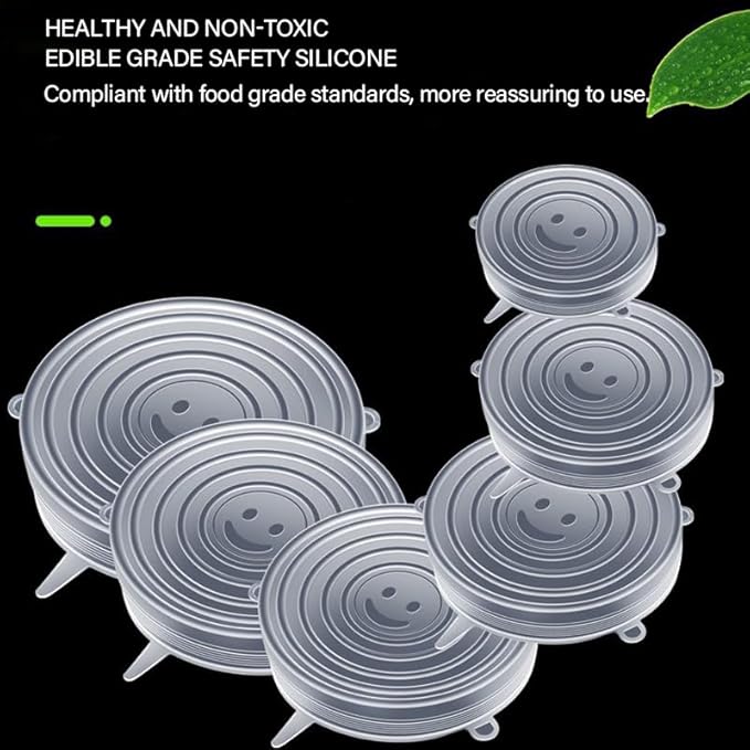 Reusable Silicone Stretch-Lid Set – 6 Sizes (2.4″-7.1″), Crystal-Clear, BPA-Free, Airtight Food-Saver Covers for Bowls, Cans, Half Fruit & Veg | Microwave, Freezer & Dishwasher Safe – 65 g Pack