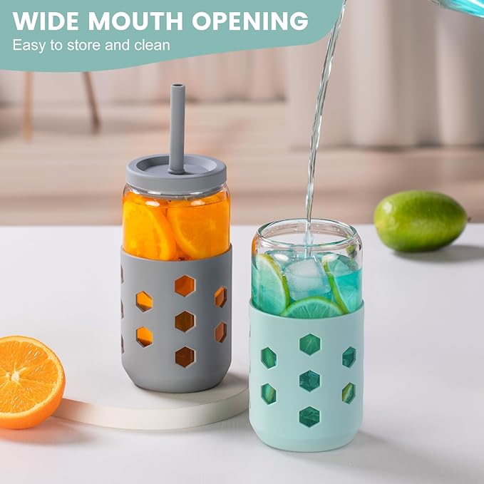 Glass Cups with Lids and Straws (4 Pcs), 16oz Drinking Glasses Set with Silicone Sleeves for Coffee Bar Accessories Iced Coffee Cups with Lids, Glass Tumbler Reusable for Gifts