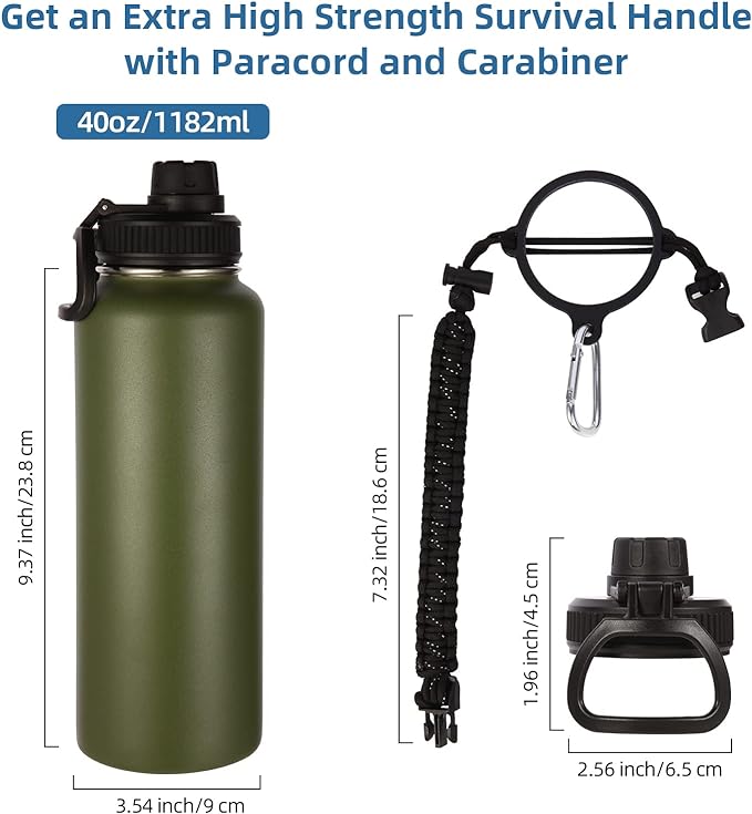 Volhoply Insulated Water Bottles Bulk 8 Pack, 40 oz Stainless Steel Sports Bottle with Paracord Handle & Spout, Vacuum Metal Travel Cups with Wide Mouth,Reusable Large Water Cup(Army Green,4 Set)