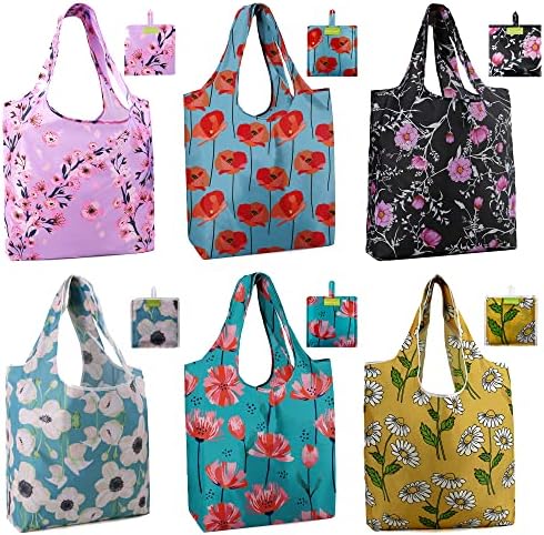 BeeGreen Flower Reusable Shopping Bags Cute Grocery Bag 6 Pack, Christmas Gift Bags Heavy-Duty Foldable Shopping Totes for Supermarket, Work & Travel, Large Washable Polyester Tote Bag with Handles by BeeGreen