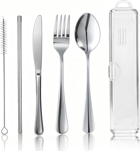 Travel Camping Utensils with Case, 6 Pcs Reusable Stainless Steel Silverware Cutlery Set, Spoon, Fork, Knife + Straw/Brush Kit for Camping, Travel, Office, Lunch Box, Eco On-the-Go (silver)
