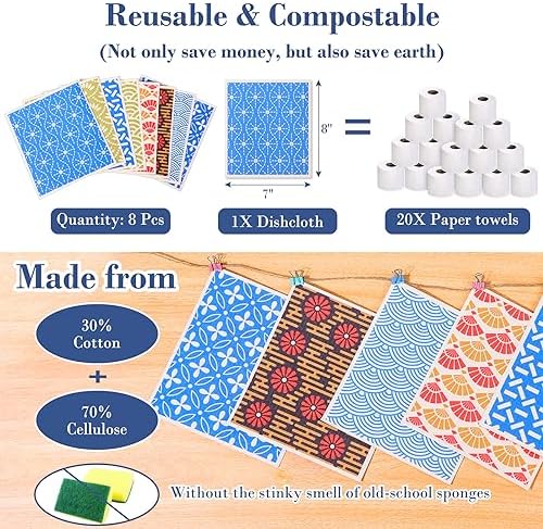 Lucomb 8 Pack Swedish Dishcloths for Kitchen, Reusable Dish Cloth Kitchen Towels Absorbent Sponges Fast Drying Swedish Dish Cloth for Washing Dishes Countertops Tables Cleaning - Image 2