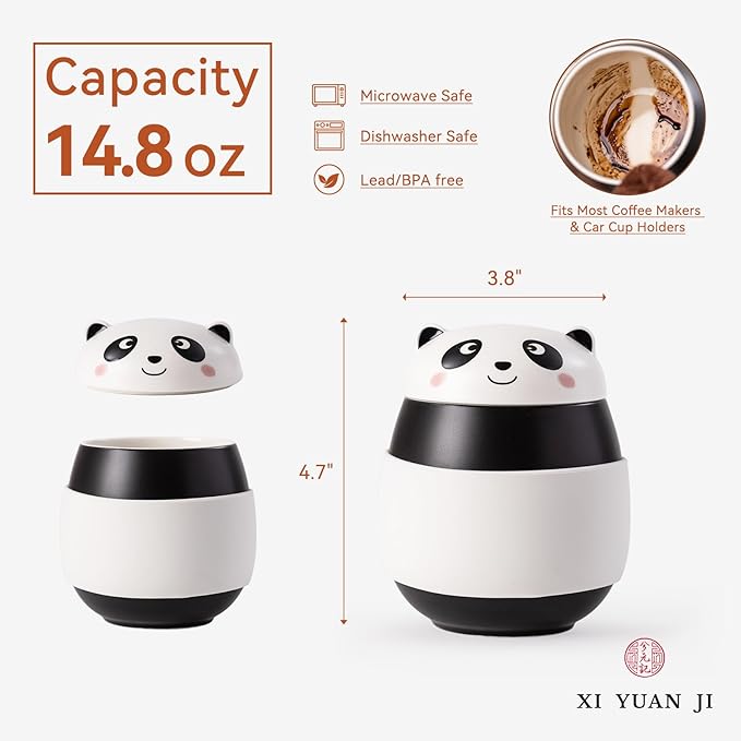 14.8oz Cute Panda Ceramic Mug with Lid & Heat-Resistant Silicone Sleeve – 1340℃ High-Fire Hand Warmer Coffee Cup, Lead-Free & Microwave Safe, Great Gift for Cold Days