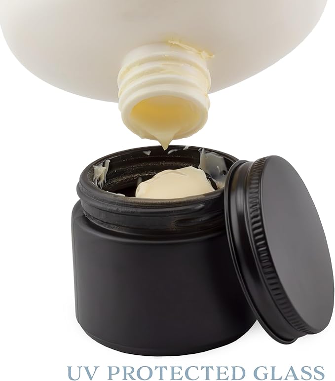 Cornucopia Brands 2-Ounce Black Coated Glass Jars (Pack of 12) Cosmetic Jars with Black Metal Lids and Black Matte Exterior