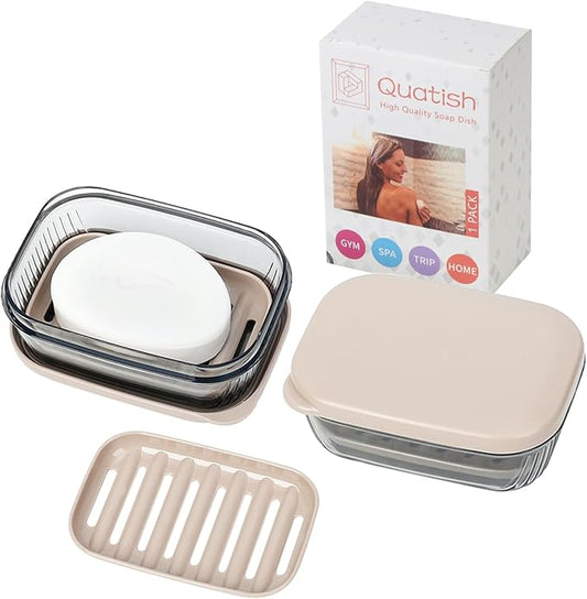 Quatish Bar Soap Holder Dish, Leakproof Travel Soap Case for Shower, Portable Travel Size Toiletries Camping Essentials for Gym, Dorm, Bathroom, Khaki