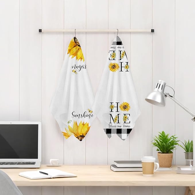 2Pcs Sunflower Kitchen Towels 24x14 Inch, Sunshine Bee Decor Hand Towels for Kitchen Farmhouse Decor, Durable Absorbent Dish Cloth Tea Towel, Sunflower Gifts for Women Mom Grandma, Bless Our Home