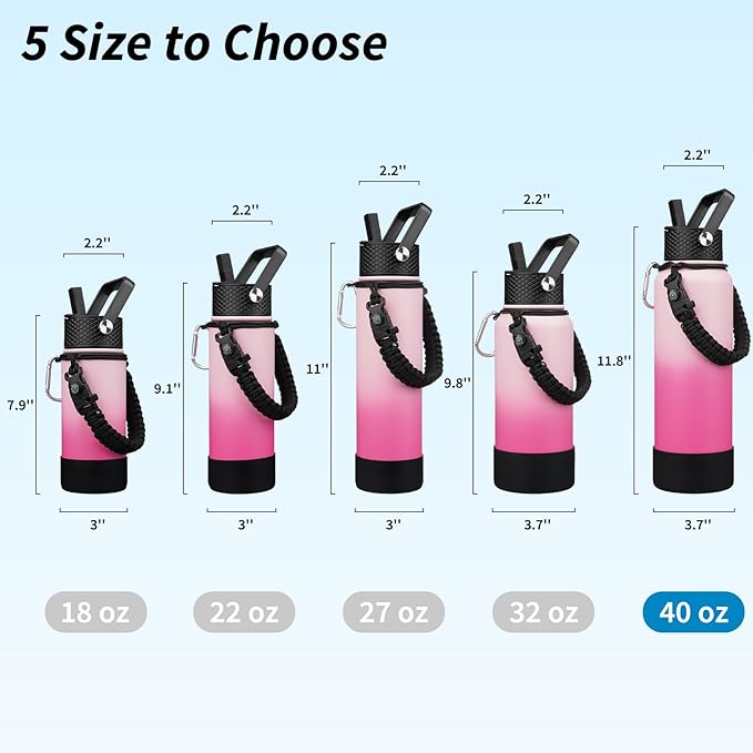 BJPKPK Insulated Water Bottle with Straw Lid, 40oz Large Thermal Flasks with 3 Lids, Paracord Handle & Non-slip Boot, BPA Free Leak Proof Stainless Steel Metal Water Bottles, Tumblers, Cups,Cherry