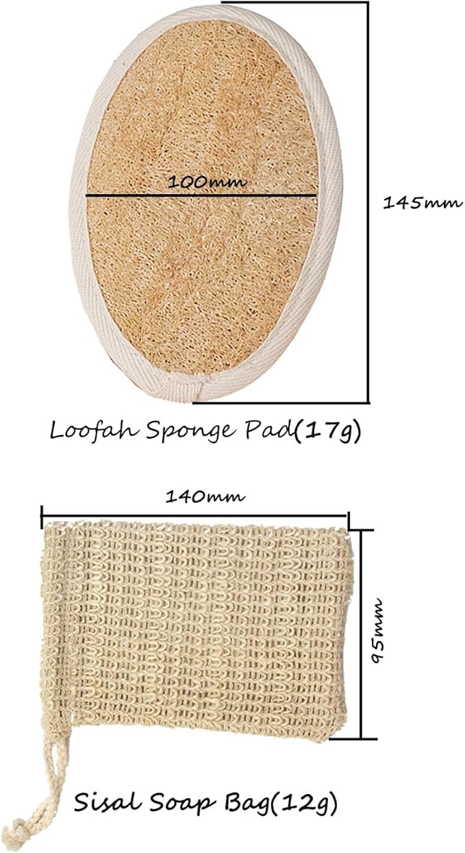 Natural Loofah Sponge Set with Soap Bag, Body Exfoliating Loofah Bath Scrubber for Shower, Shower Loofah for Women and Men, 3-pcs