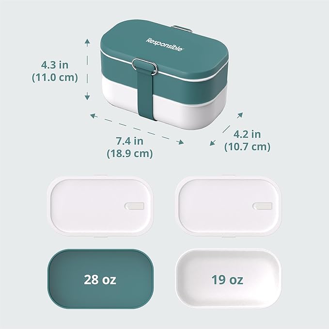 Responsible Products Leak Resistant Bento Box with Tableware for Adult - Teens, Insulated Lunch Box for Women - Men - Girls - Boys, BPA Free, Dishwasher Safe, Microwave Safe, Freezer Safe, 46 oz
