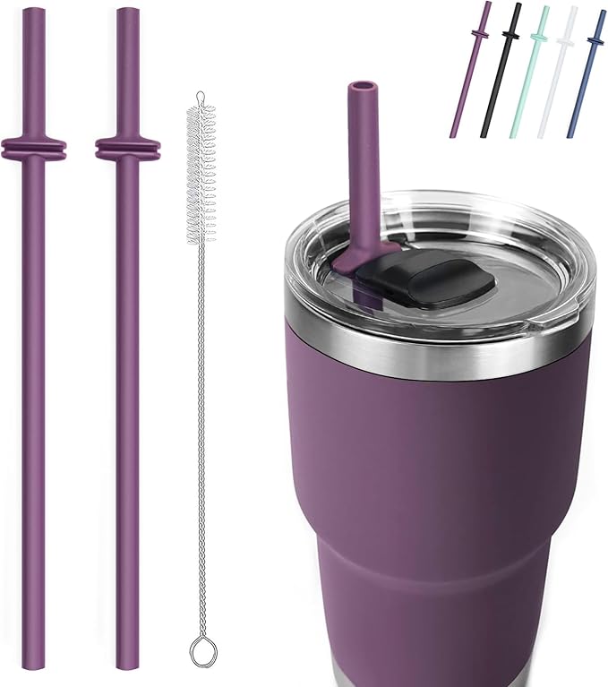 Silicone Straw for Yeti Rambler, 2PCS Reusable Straws & 1 Cleaning Brush for Yeti 30/20 oz Tumbler with Magslider Lid, Adjustable Drinking Straws Accessories Patent Pending (Nordic Purple)