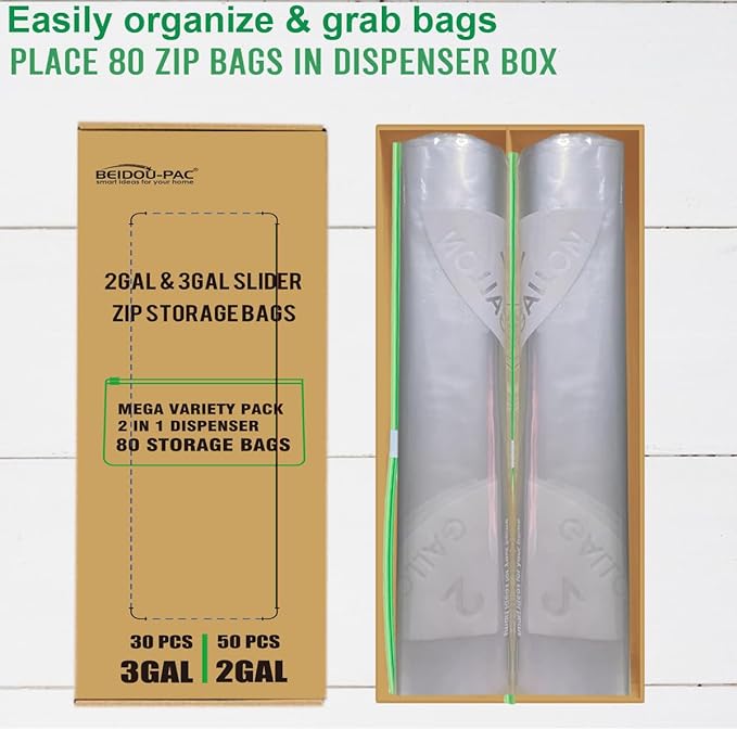 Combo Large Slider Storage Bags 80 Count, 2 Gallon & 3 Gallon Resealable Variety Pack With Organizer, Reclosable Clear Plastic Bags (Variety Pack)