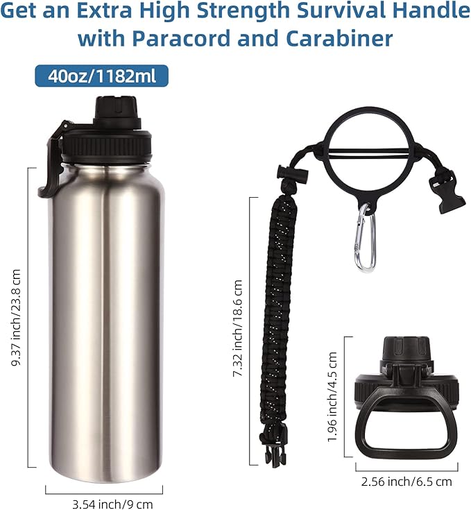 Volhoply Insulated Water Bottles Bulk 2 Pack, 40 oz Stainless Steel Sports Bottle with Paracord Handle & Spout Lid, Double Walled Vacuum Metal Cups,Reusable Big Water jug for Hiking(Silver,2 Set)
