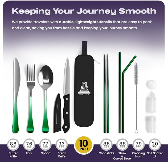 Portable Travel Silverware Set With Case - Includes 10 Pcs of Utensils, Stainless Steel Flatware For Camping, Easy to Travel, Lightweight (Green Two Tune)