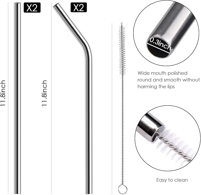 Reusable Straw Compatible for Stanley 40oz Tumbler Metal Stainless Steel Straws,Fit for 40oz Stanley Cup Tumbler,2 Straight + 2 Curved Reusable Straws with Cleaning Brush