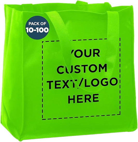 DISCOUNT PROMOS Custom Reusable Cloth Grocery Shopping Tote Bags Set of 10/50/100, Personalized Bulk Pack - Foldable, Washable, Shopper Bag - Lime Green