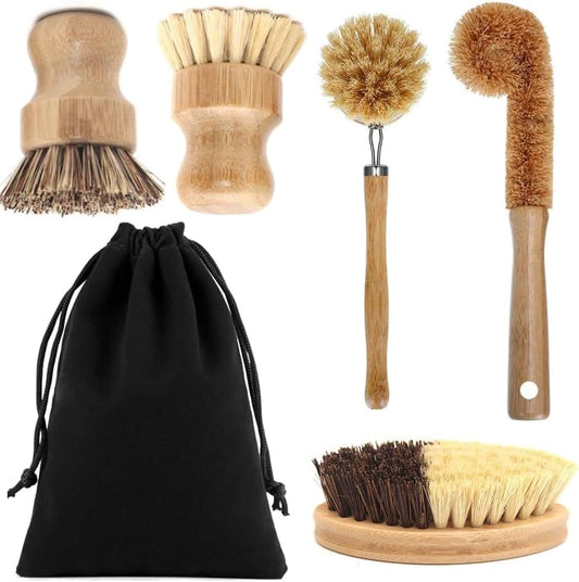 Kitchen Dish Brush Bamboo Cast Iron Pan Pot Scrubber 5 Pcs by Voittozege