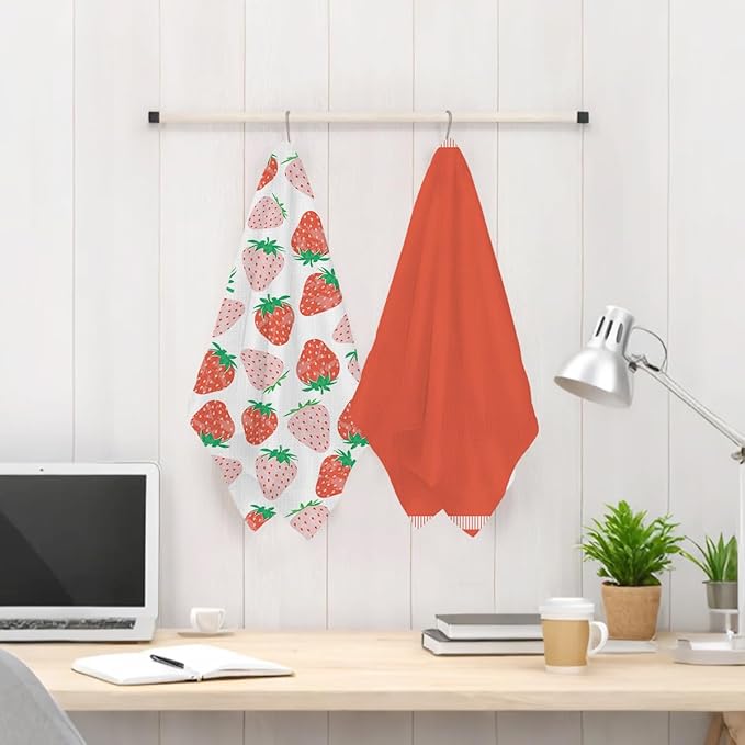 Jztco 2Pcs Strawberry Kitchen Towels 24x14 Inch, Summer Fruits Waffle Weave Hand Towels for Kitchen Home Decor, Red Absorbent Microfiber Dish Cloth Tea Towel, Strawberry Gifts for Women Mom Grandma