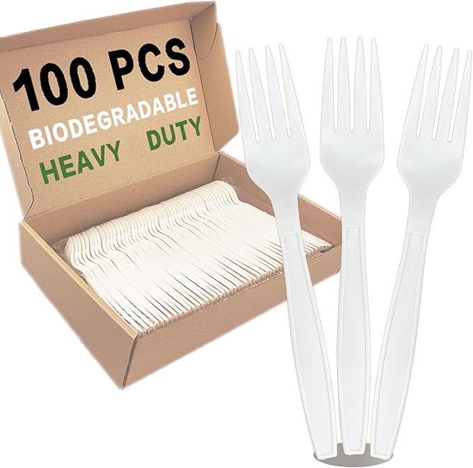 100pcs 100% Compostable Biodegradable Utensils Disposable Cutlery Set Cornstarch Spoon Fork Knife Alternative to Plastic (Fork 100)