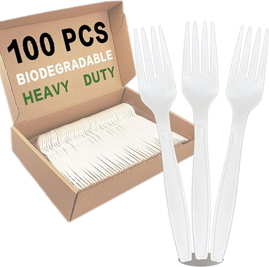100pcs 100% Compostable Biodegradable Utensils Disposable Cutlery Set Cornstarch Spoon Fork Knife Alternative to Plastic (Fork 100)