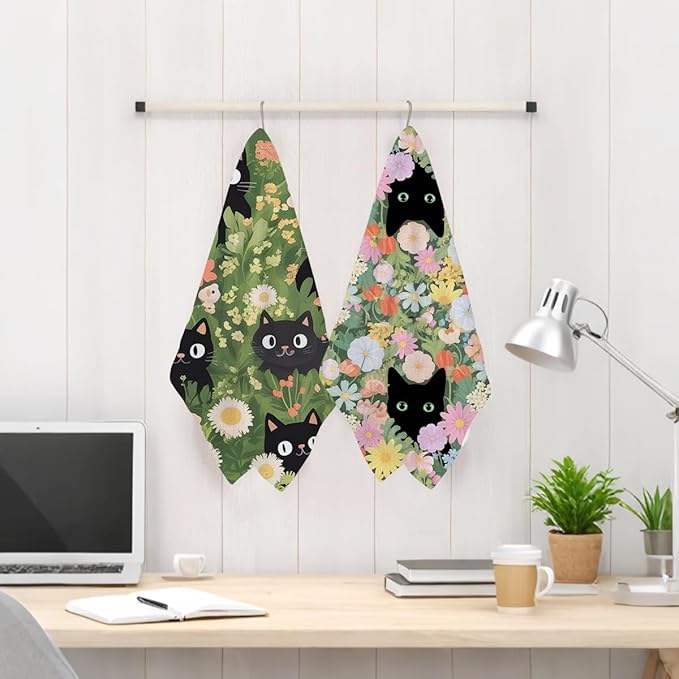 Jztco 2Pcs Cute Cat Kitchen Towels 24x14 Inch, Colorful Floral Waffle Weave Hand Towels for Kitchen Home Decor, Absorbent Microfiber Dish Cloth Tea Towel, Cat Lover Gifts for Women Mom Grandma