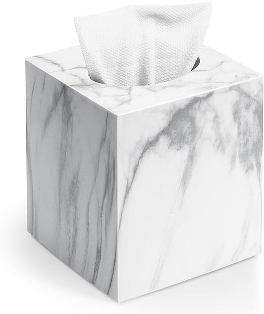 Square Tissue Box Cover, Marble Modern Facial Paper Holder, Cube Acrylic Tissue Holder Accessories for Bathroom Vanity Countertop, Bedroom Dresser, Night Stand, Desk, Office
