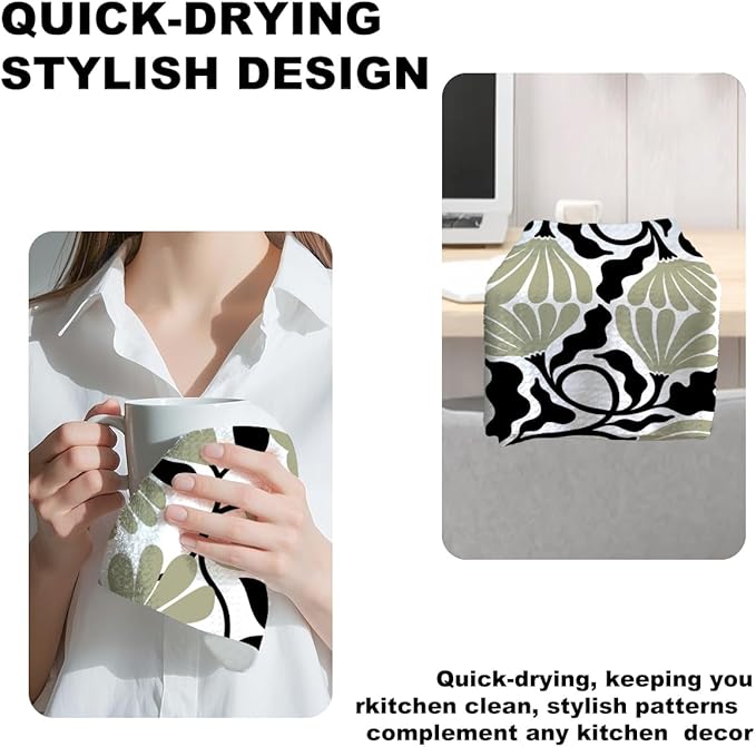 2Pcs Abstract Floral Kitchen Towels 24x14 Inch, Boho Style Sage Green Flower Hand Towels for Kitchen Home Decor, Absorbent Microfiber Dish Cloth Tea Towel, Housewarming Gifts for Women Mom Grandma