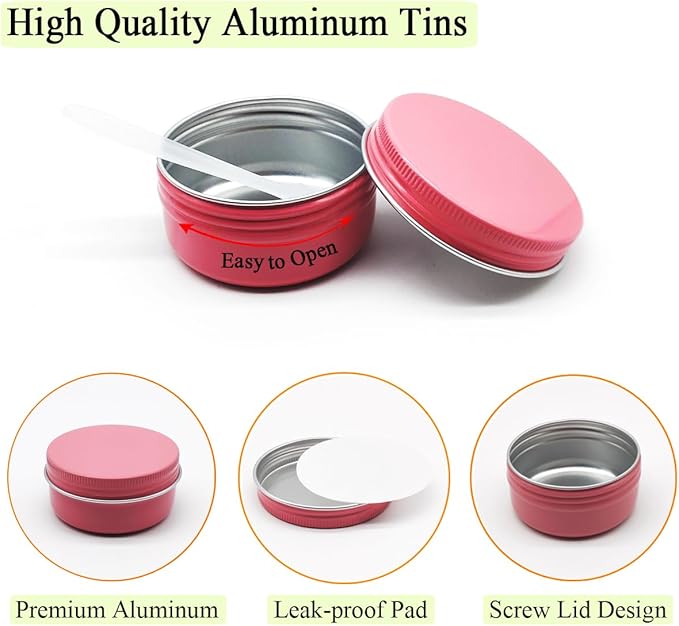10pack50ml Pink Aluminum Tin, 50 Gram Containers Leak Proof Cosmetic Jars, 50g Small Makeup Containers Round Screw Lids for Cosmetic, Salves, Lip Balms, Toner, Cream, Candle, Tea, Beads