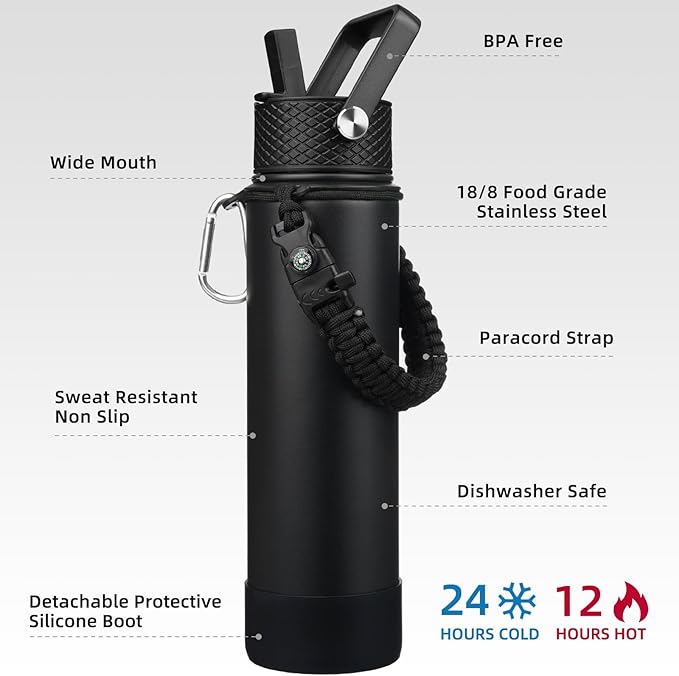 BJPKPK 27oz Insulated Water Bottles with 3 Lids, Paracord Handle & Non-slip Boot, Stainless Steel Metal Water Bottle with Straw, BPA Free Leak Proof Thermal Flasks, Tumblers,Black
