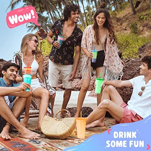 Meoky Plastic Cute Cold Cups with Lids and Straws Bulk for Iced Coffee - 6 Pack 24 oz Color Changing Reusable for Adults Kid Women Party - Image 5