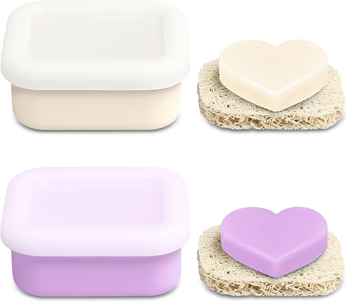 OTHIX 2 Pack Leakproof Silicone Travel Soap Case-Small Bar Soap Holder Container with Drainage Layer & Mini Portable Soap Dish for Shampoo Bars, Bathroom, Gym, Travel, Camping (Cream & Light Purple)